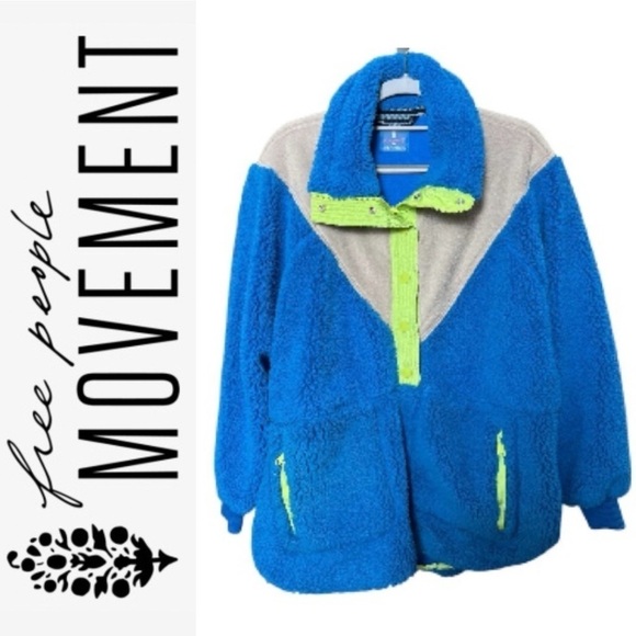 Free People jacket xs NEW Colorful Fleece Blue Green popover - Picture 1 of 4